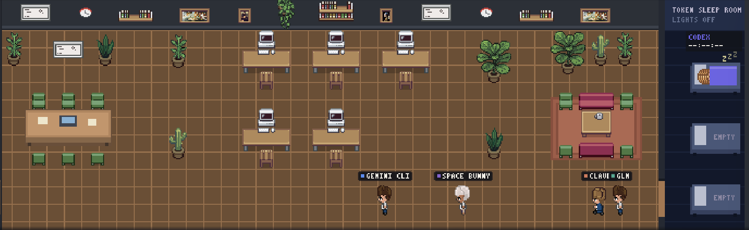 Pixel-art office where the agents work